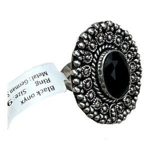 Black Onyx Ring Real Gemstone 1.25 Inch Large Ornate Setting Ring Size 9